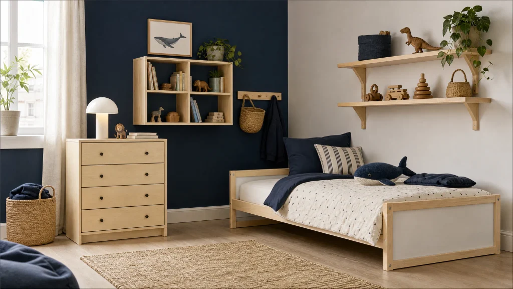Small kids room with vertical wall-mounted storage