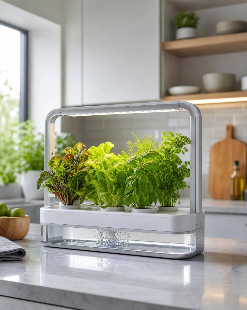 Compact hydroponic indoor vegetable garden growing herbs and leafy greens