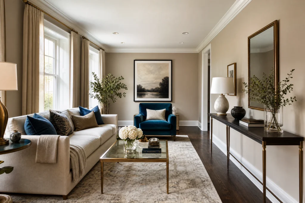 Long Room With a Statement Chair and Art