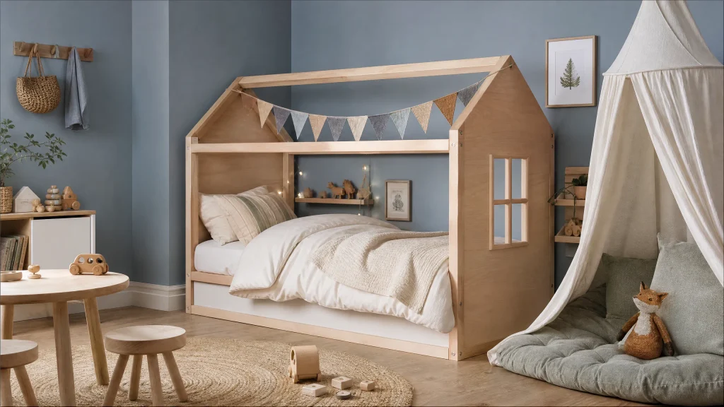 Whimsical KURA house bed in dusty blue