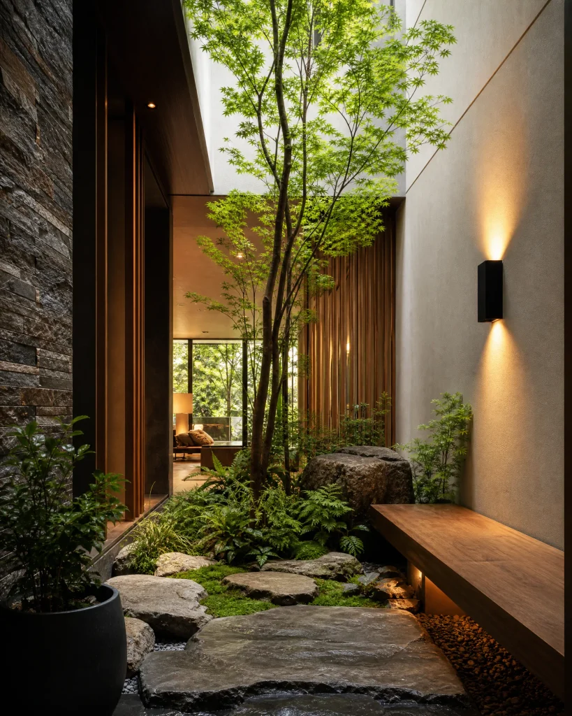 Modern indoor courtyard oasis with an indoor tree, stones, bench, and greenery