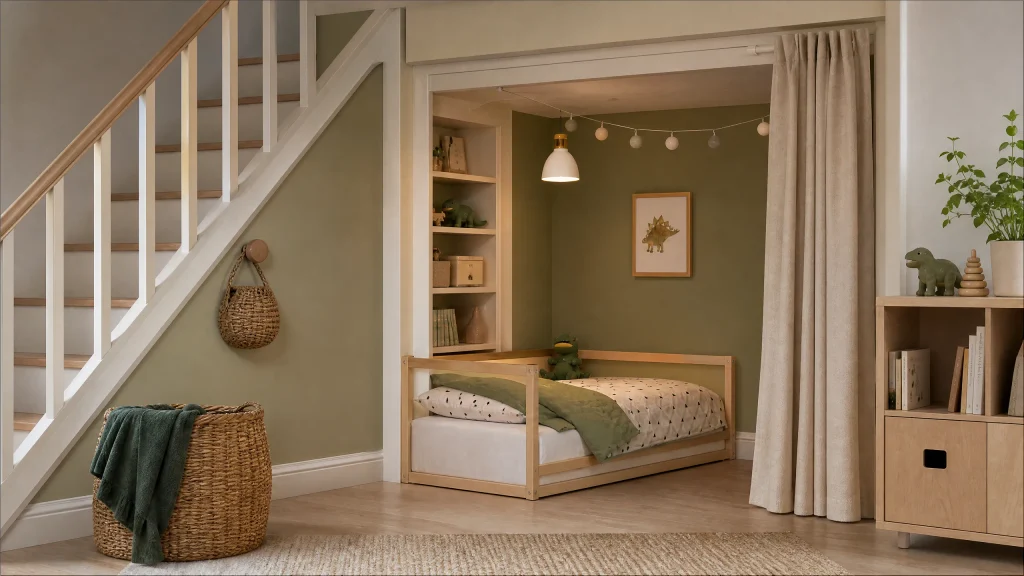 Under-stairs kids bedroom nook with olive wall