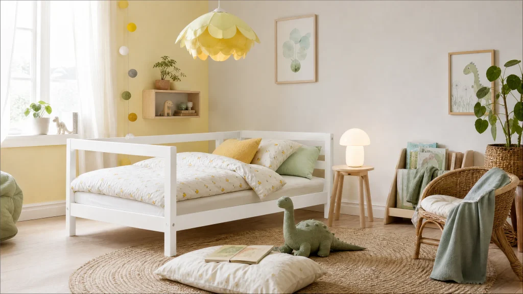 Bright kids room with yellow pendant lamp and mint accents