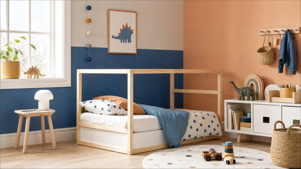 Color-blocked kids bedroom in cobalt blue and peach