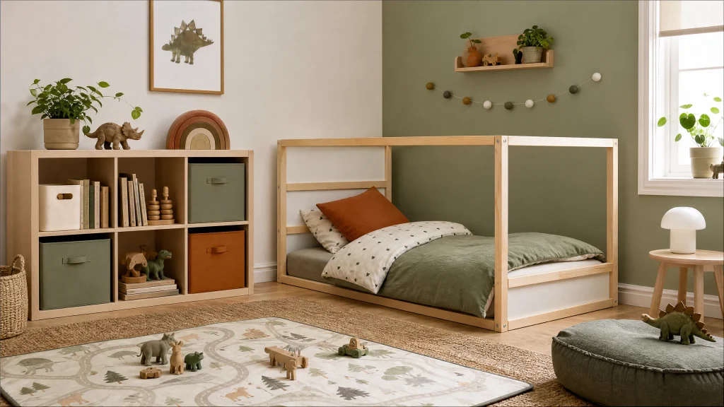 Organized toy room with cubbies and sage-burnt orange palette