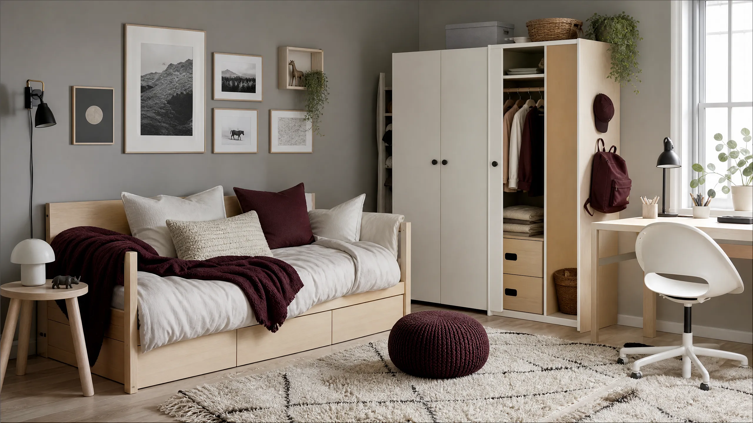 Older child’s flexible bedroom with daybed and wardrobe