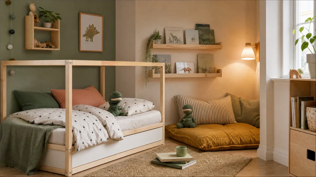 Cozy kids reading nook with olive and coral accents