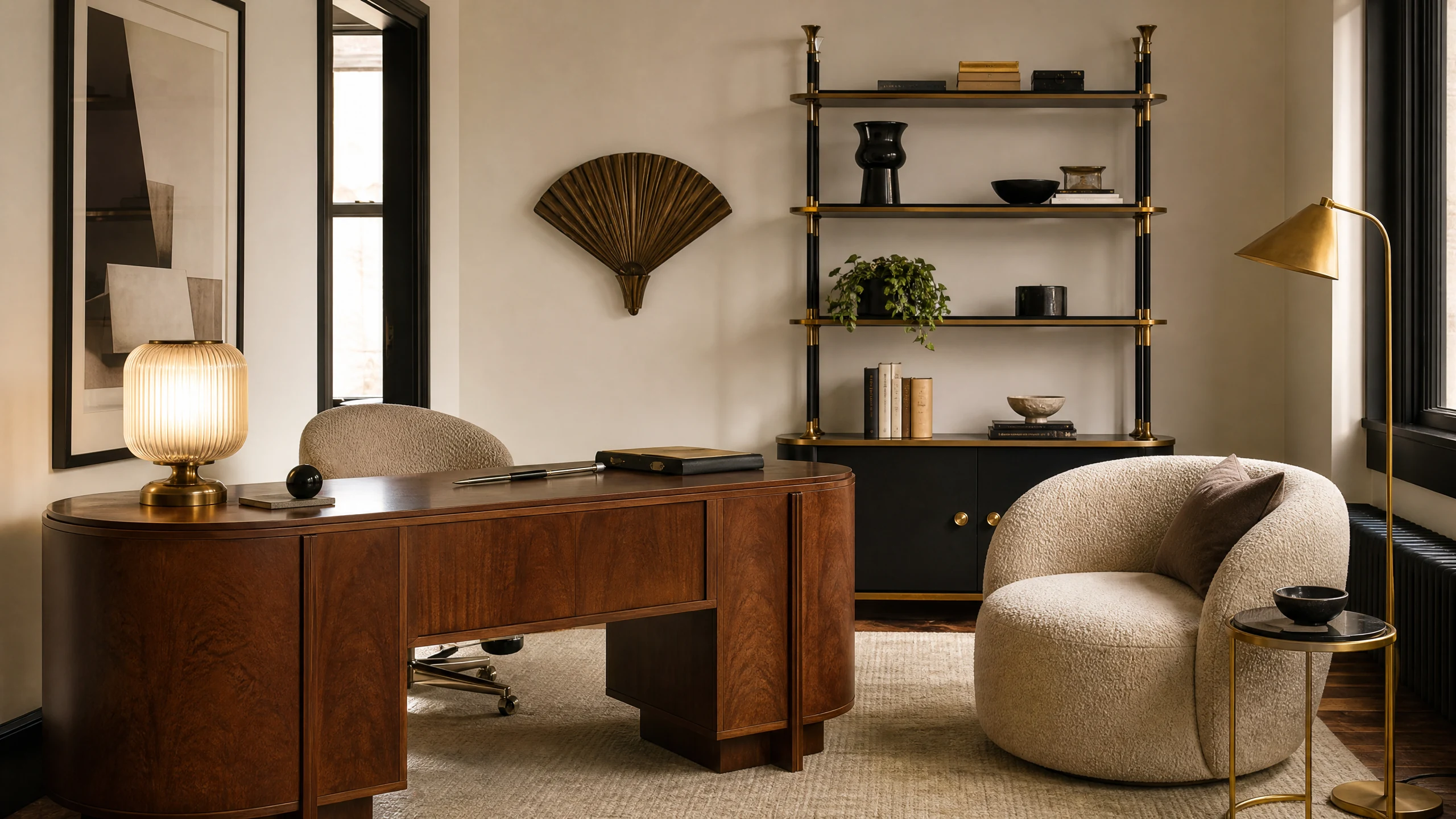 Contemporary Art Deco home office with walnut desk, boucle chair, black-and-brass shelving, and fan-shaped wall art