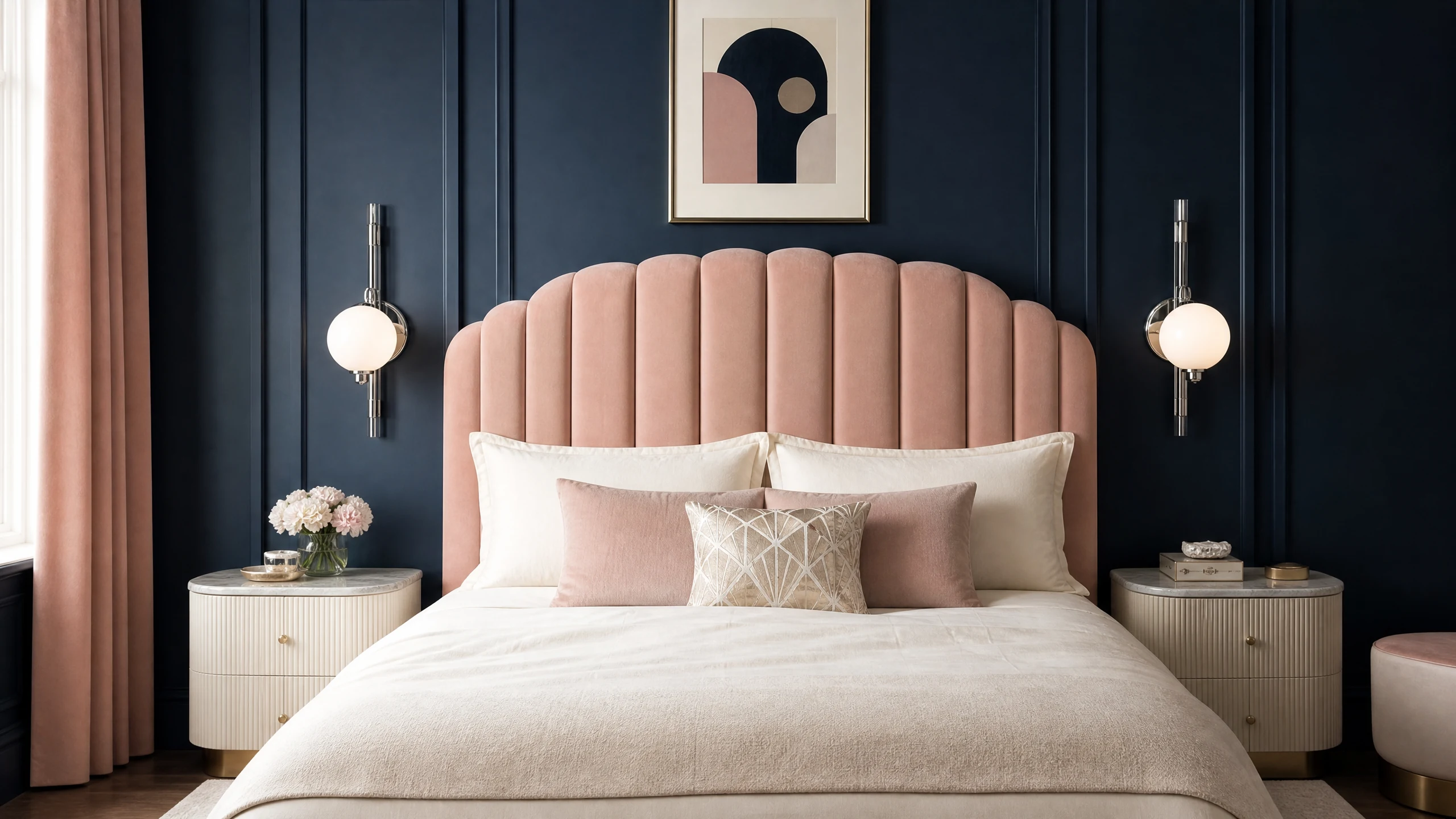 Art Deco bedroom with blush channel-tufted headboard, midnight navy wall, chrome sconces, and ivory bedding
