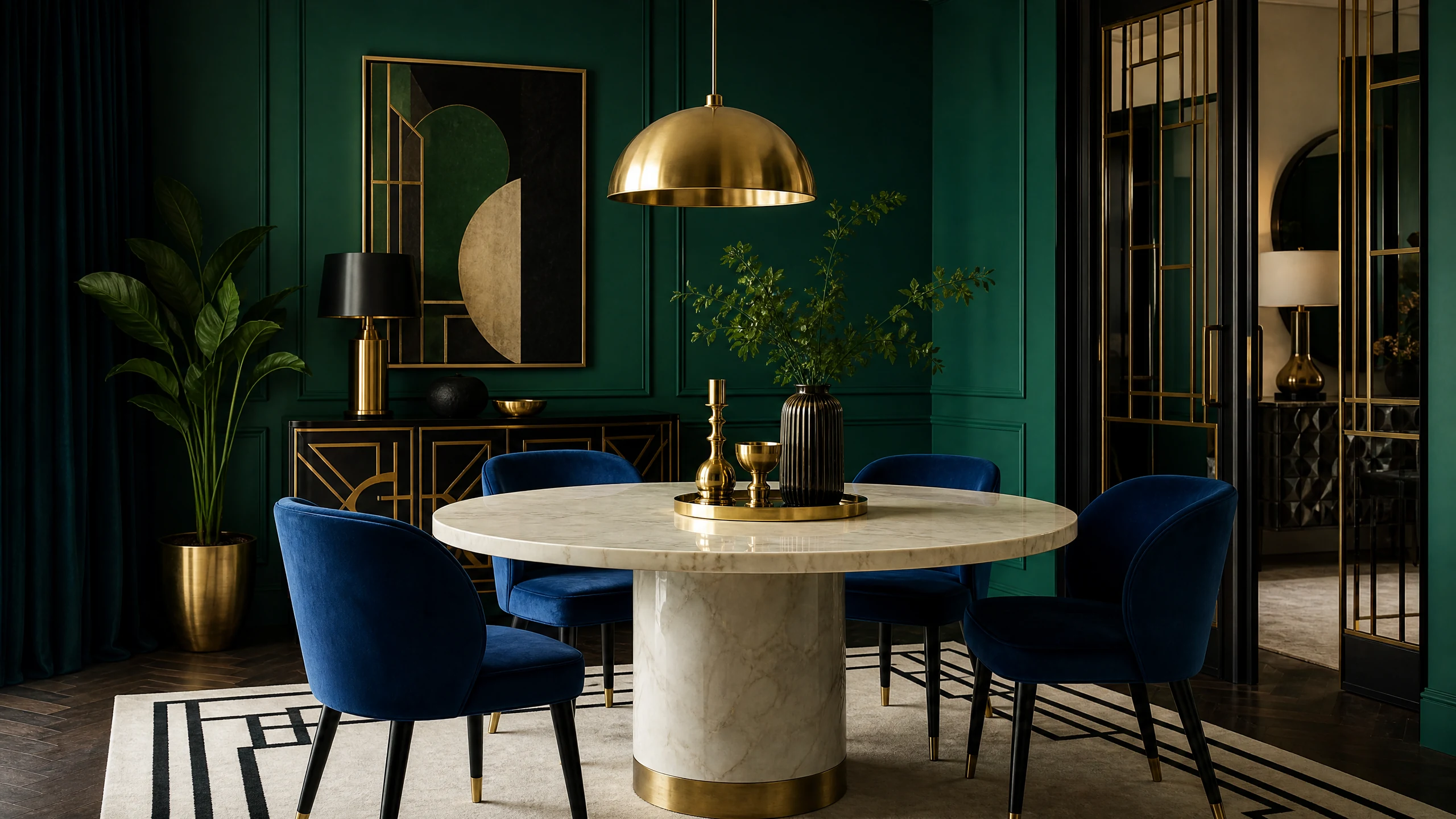 Art Deco dining corner with emerald walls, sapphire chairs, brass, cream marble, and black accents