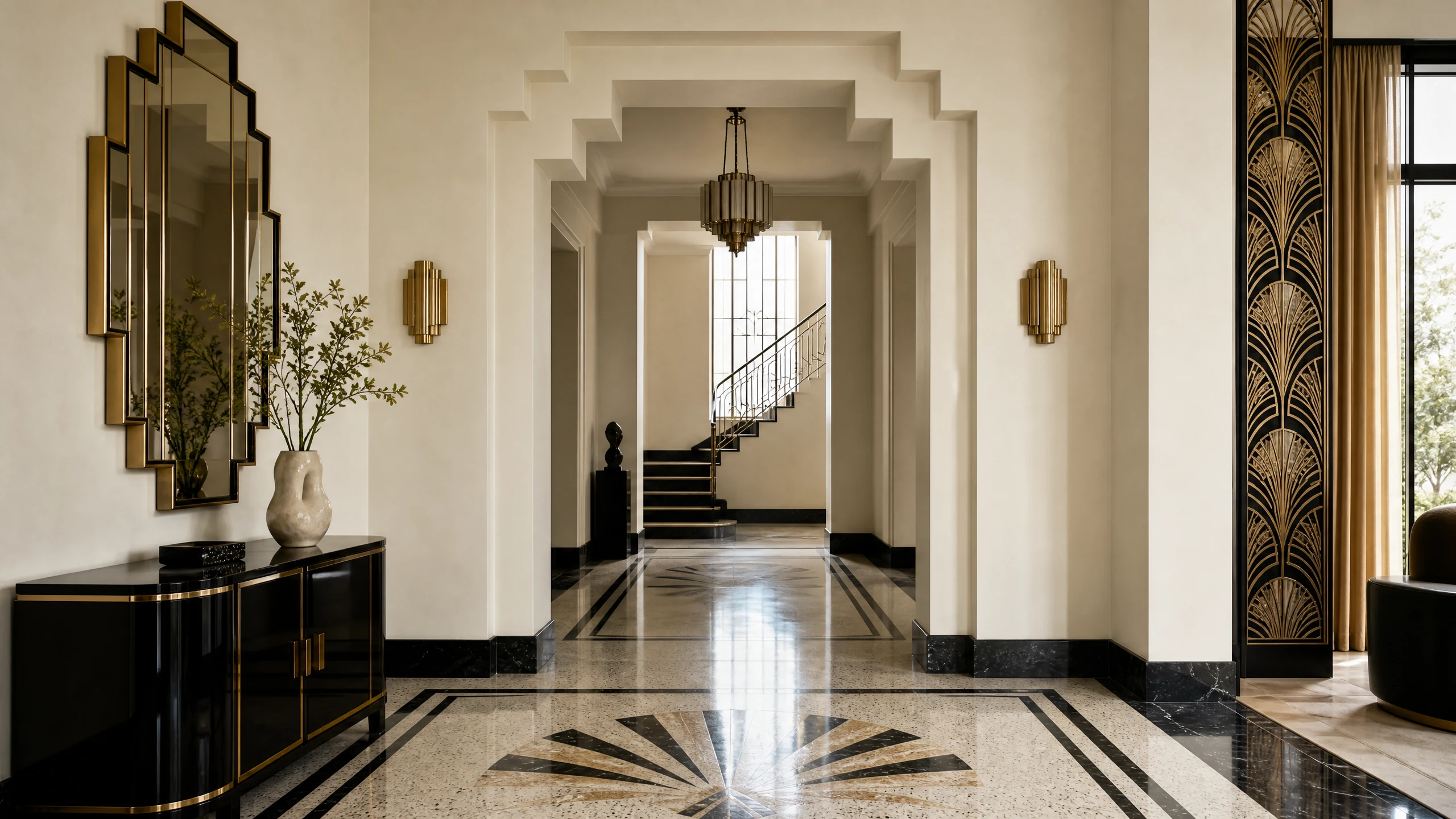 Symmetrical Art Deco foyer in ivory, black, and antique brass
