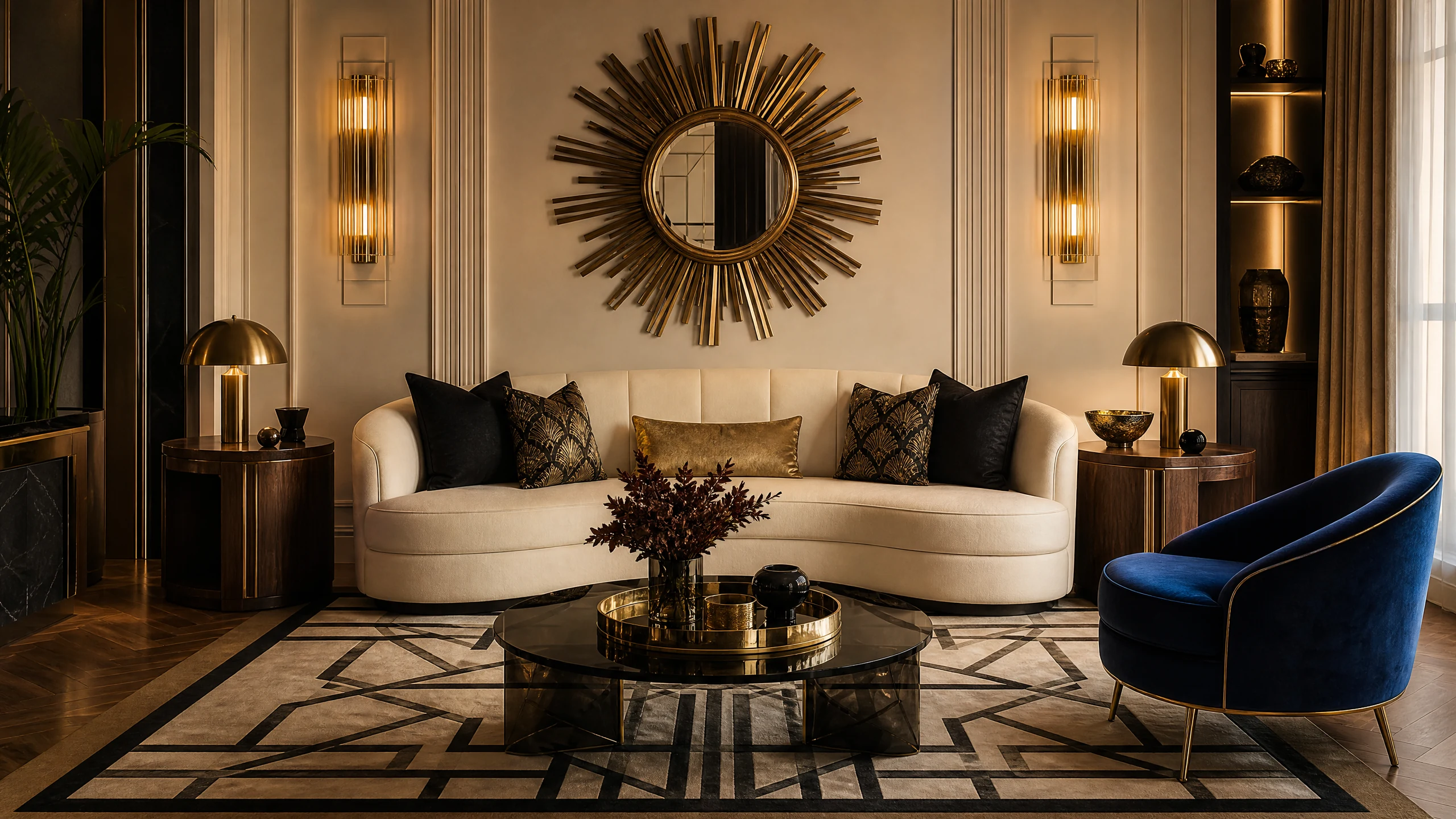 Art Deco living room with curved cream sofa, walnut tables, gold mirror, black accents, and cobalt chair