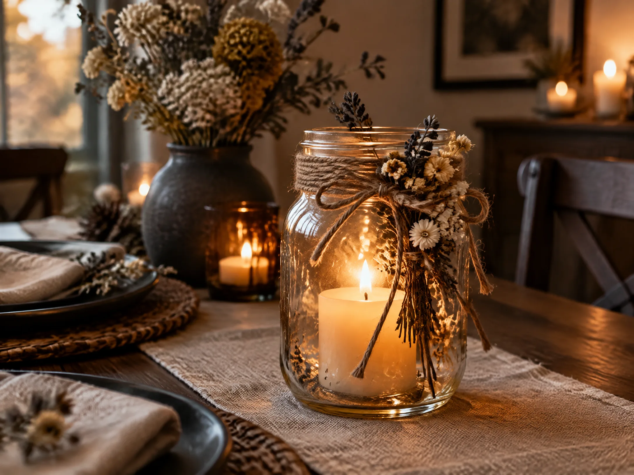 Mason jar candle lantern in amber, charcoal, and cream