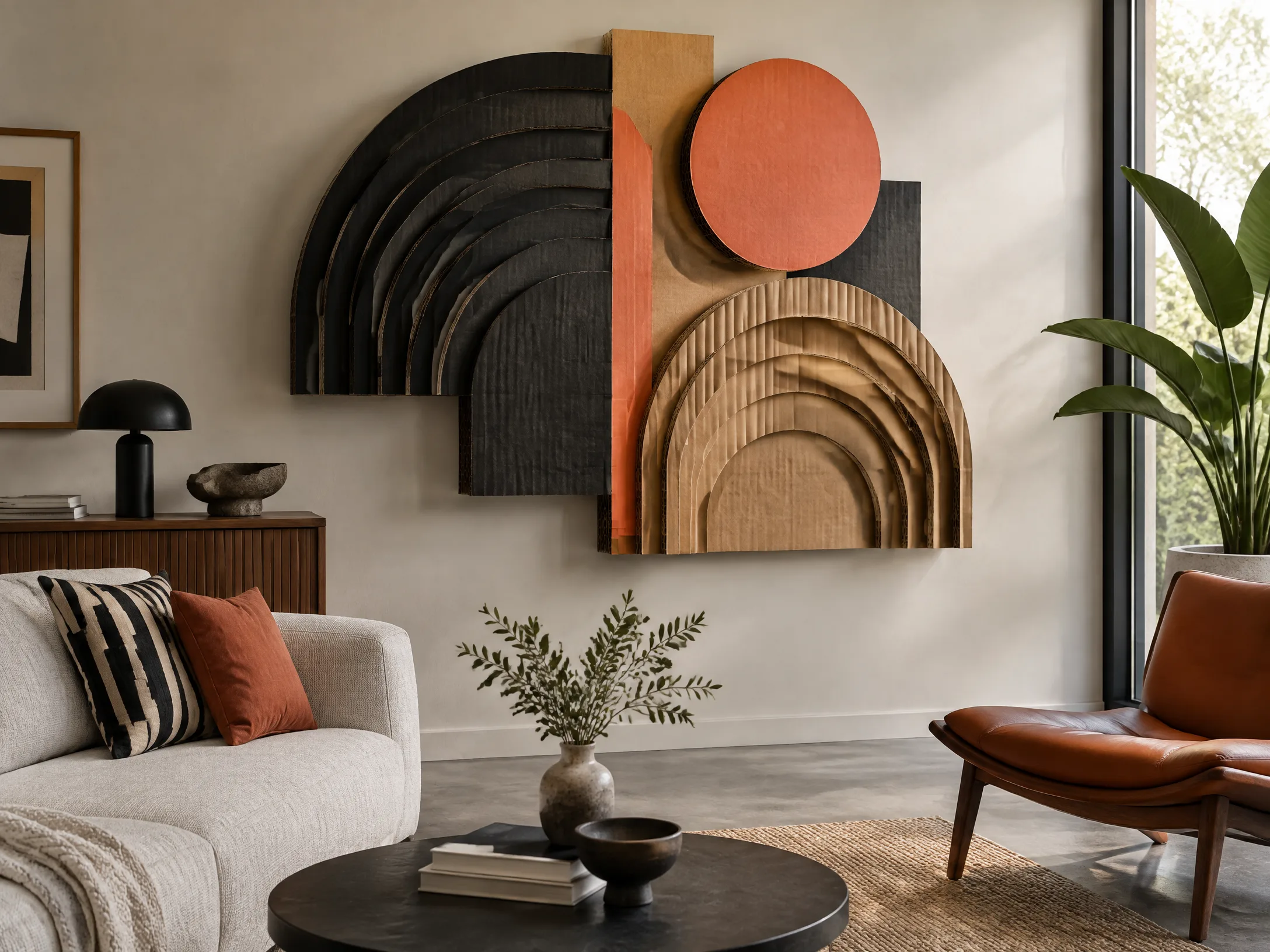 Layered cardboard wall sculpture in black, kraft, and coral