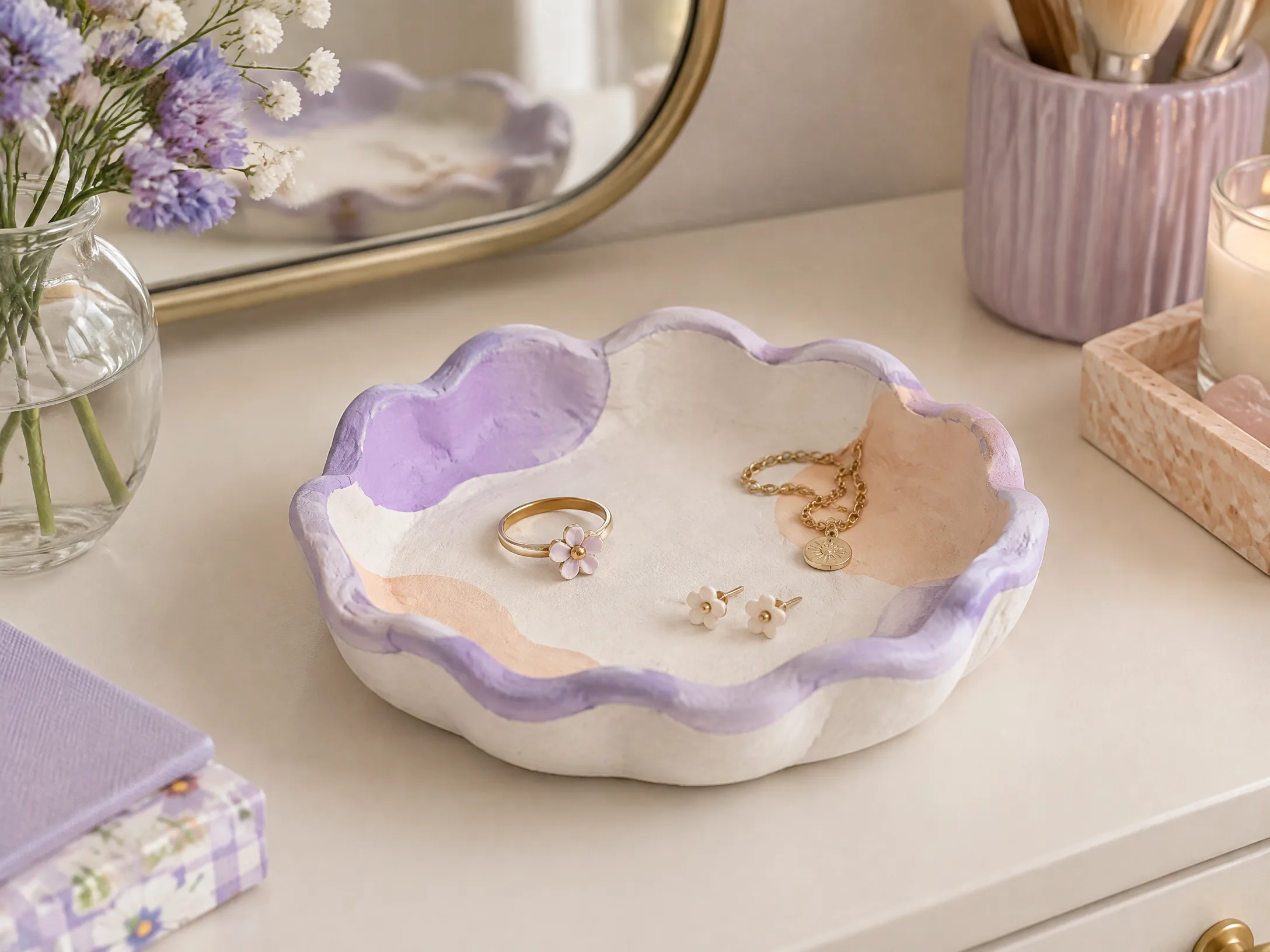 Air-dry clay trinket tray in lavender, white, and pale peach