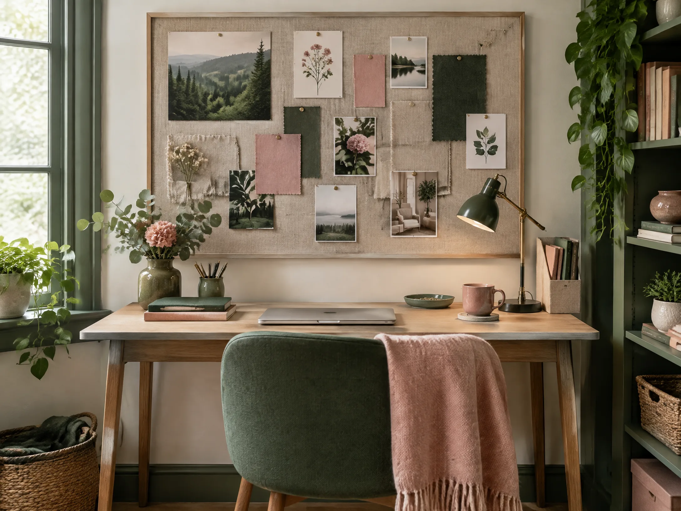 Fabric pinboard in forest green, dusty pink, and natural linen