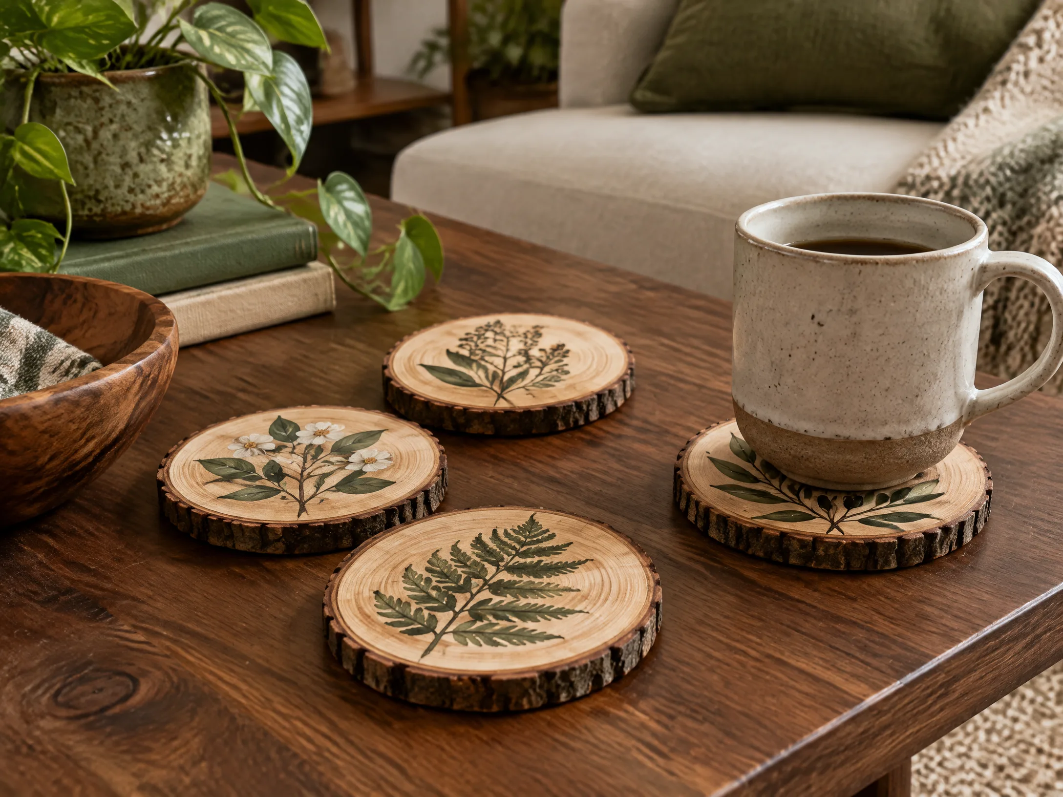 Botanical wood slice coasters in olive green, walnut, and cream