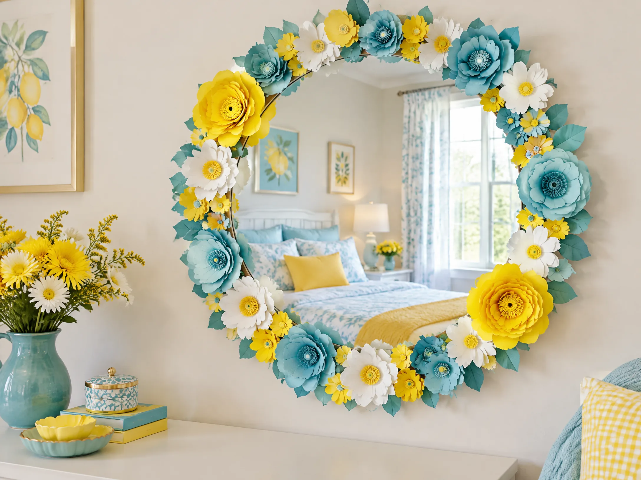 Round mirror framed with lemon-yellow and aqua paper flowers