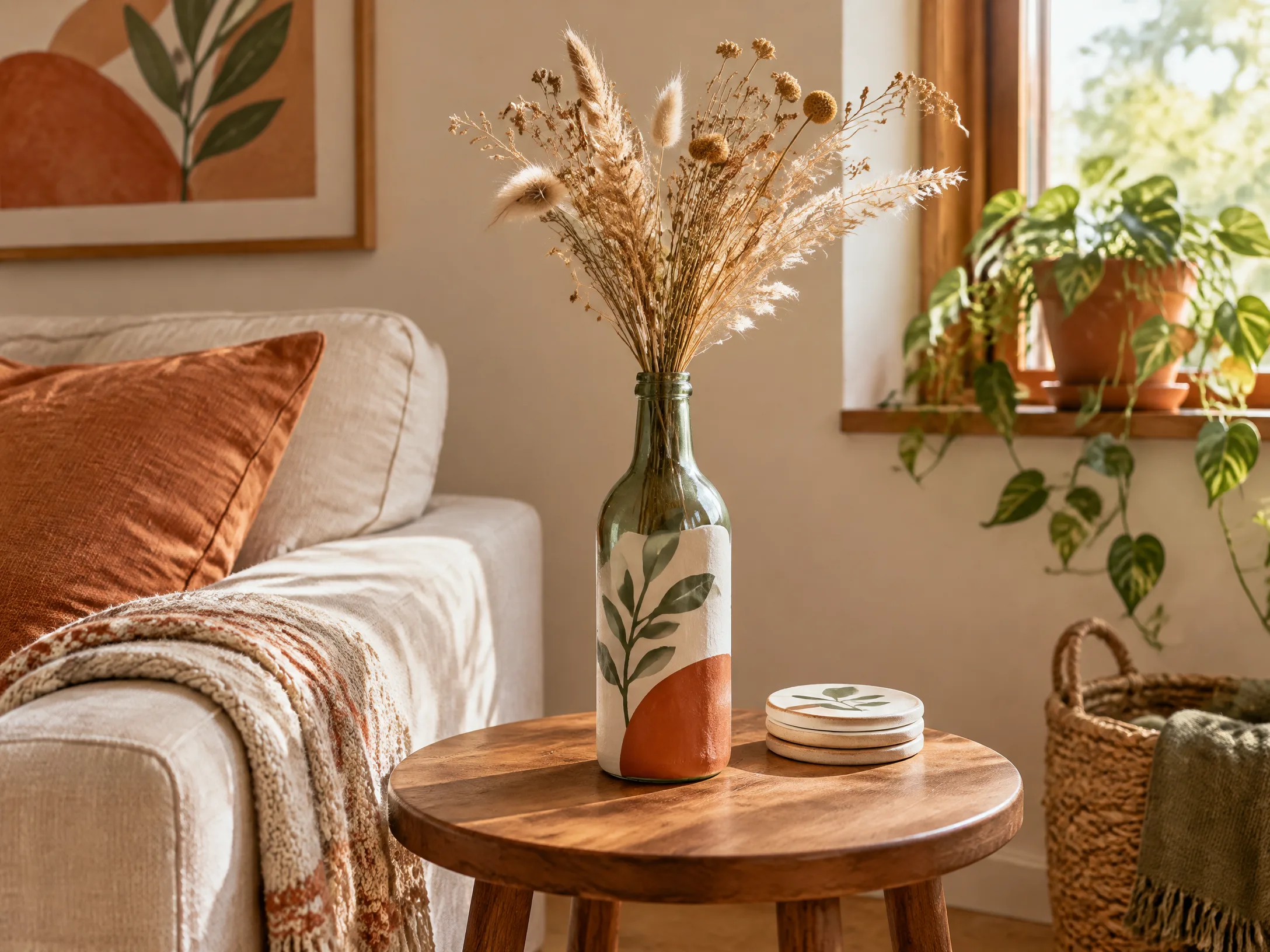 Painted recycled bottle vase in terracotta, cream, and sage green