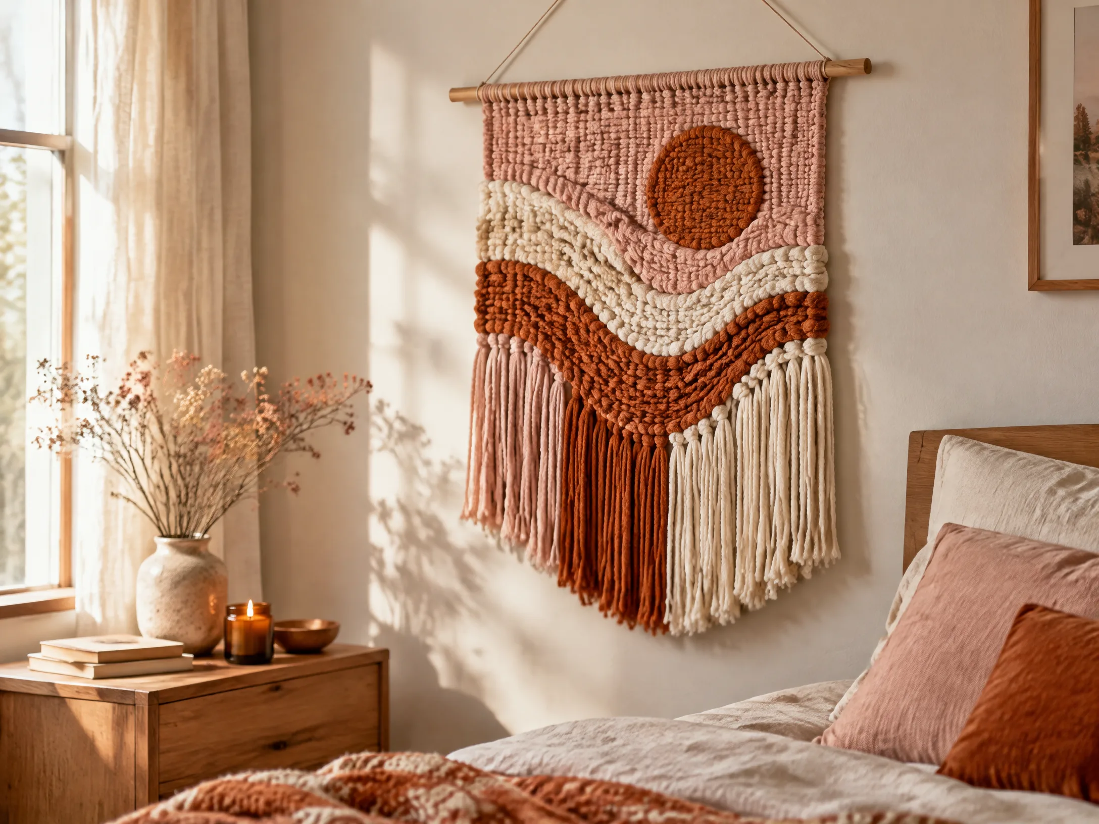 Yarn wall hanging in blush pink, rust orange, and ivory