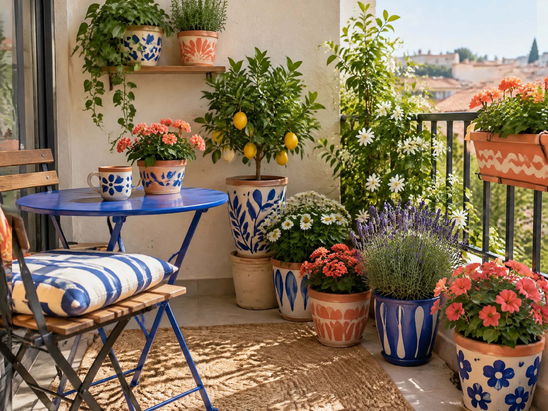 Hand-painted terracotta pots in cobalt, coral, and cream