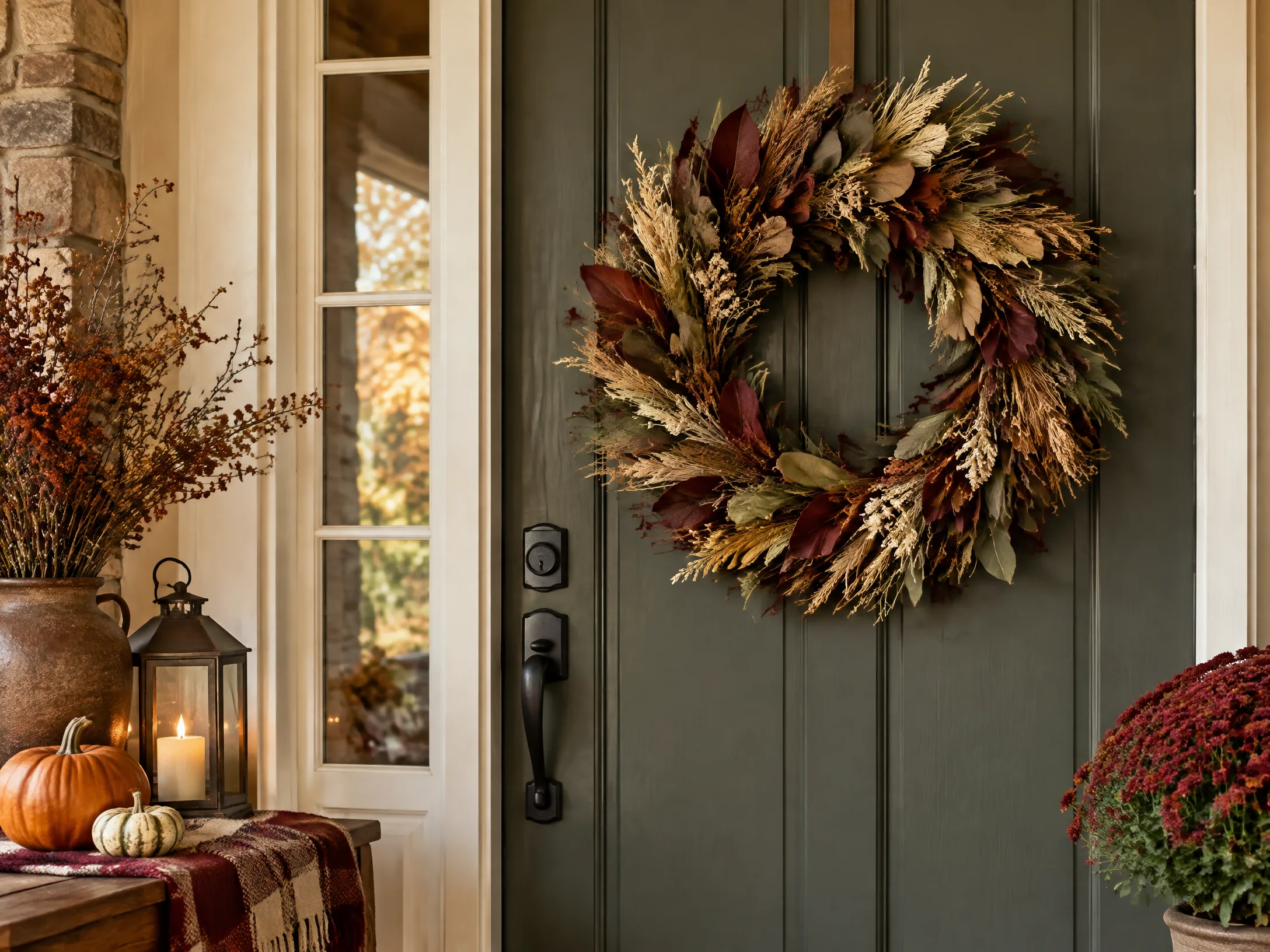 Dried-leaf wreath in burgundy, olive, and natural straw