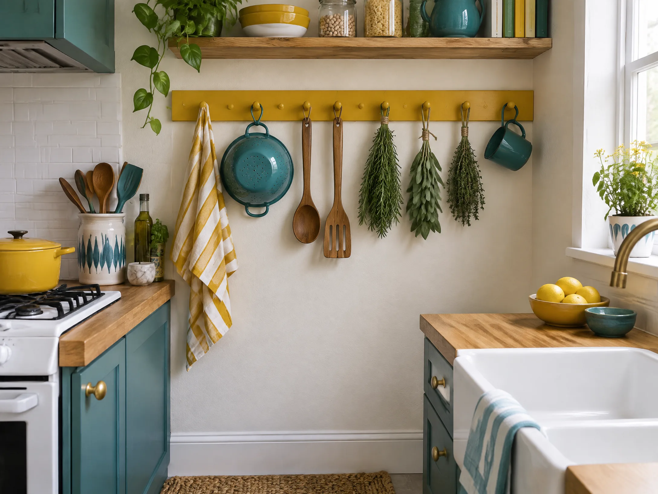 Kitchen peg rail in mustard yellow, teal, and white