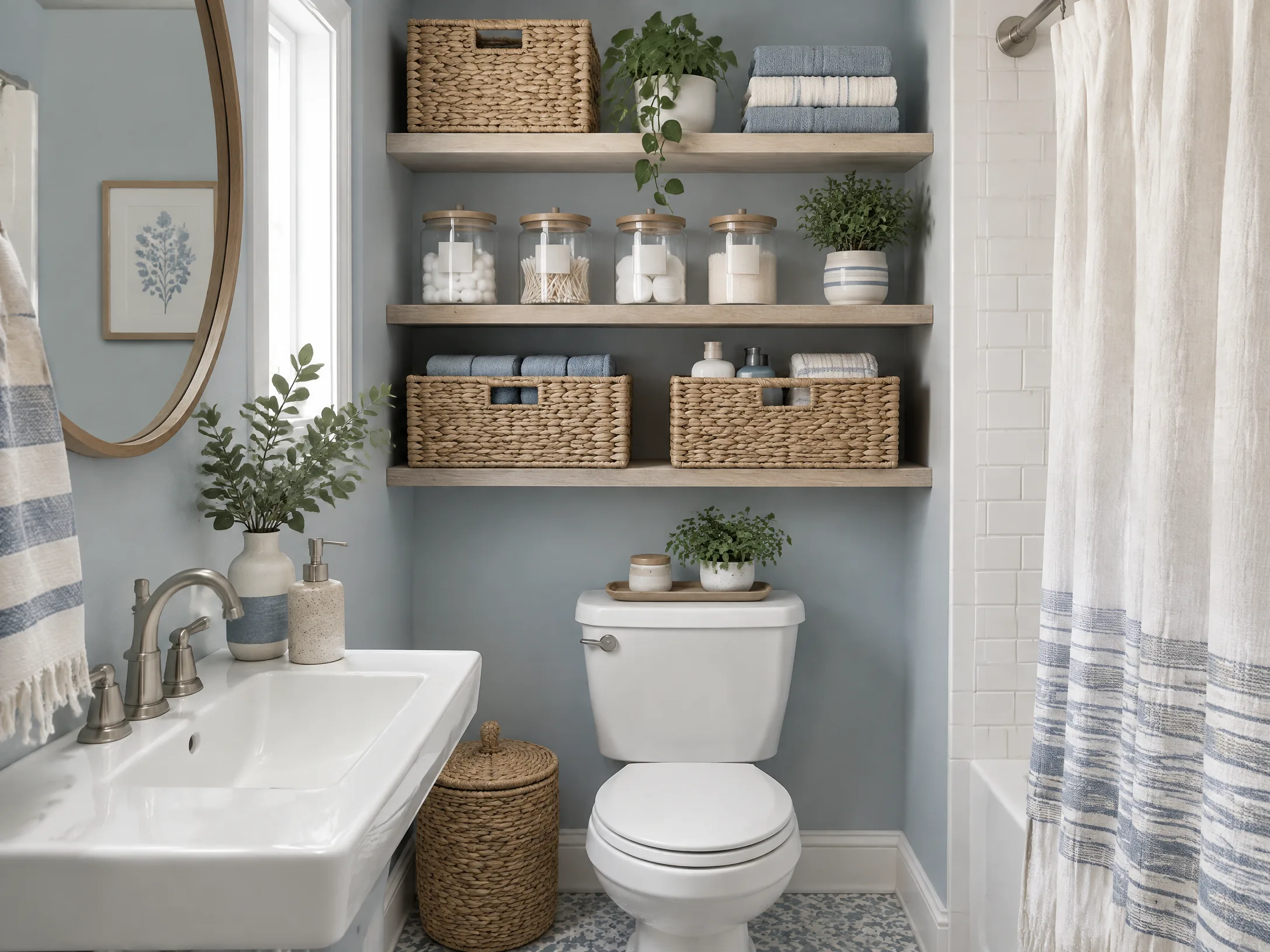 Bathroom shelf storage in dusty blue, sand, and white