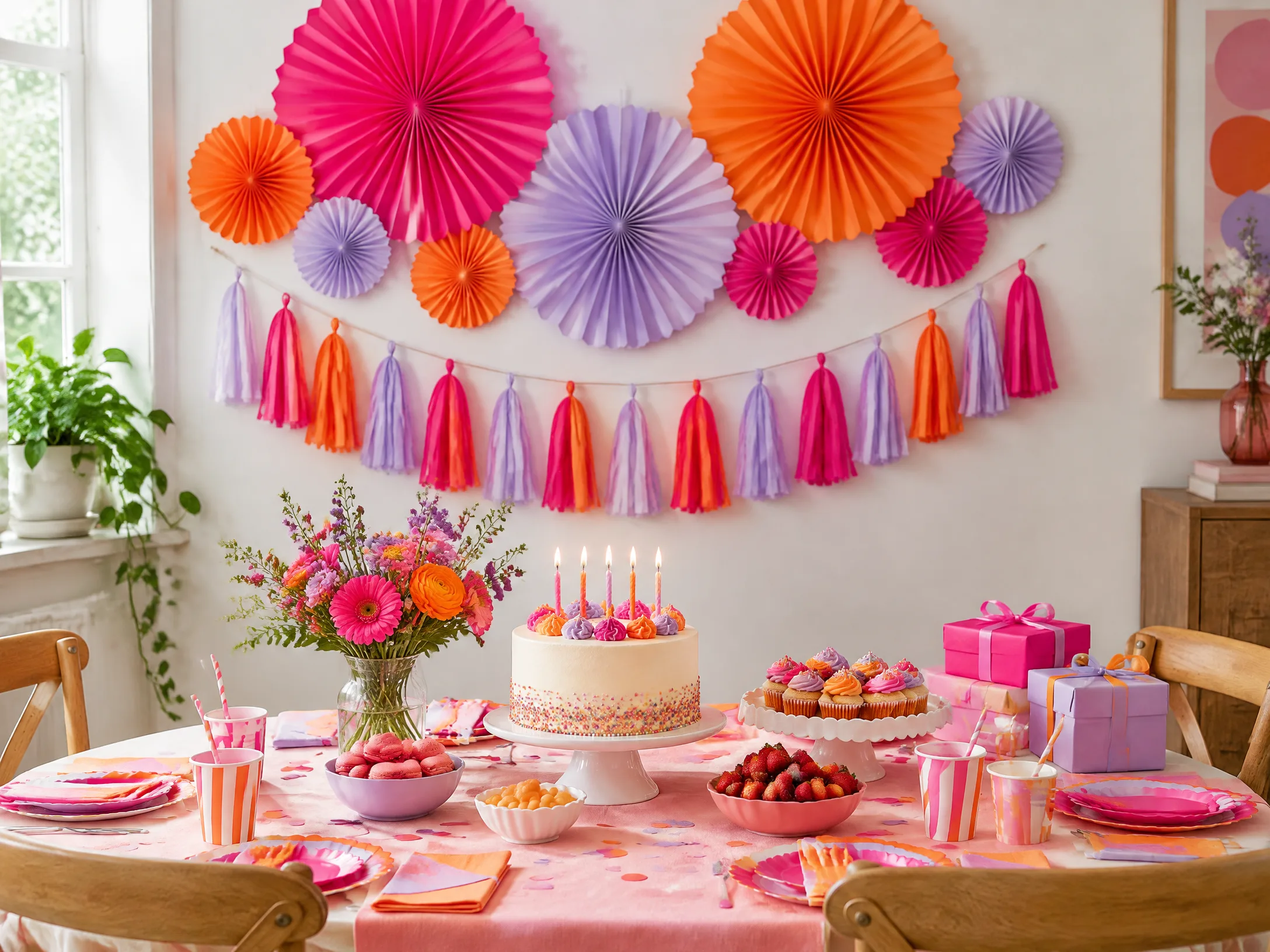 Paper party backdrop in hot pink, tangerine, and lilac