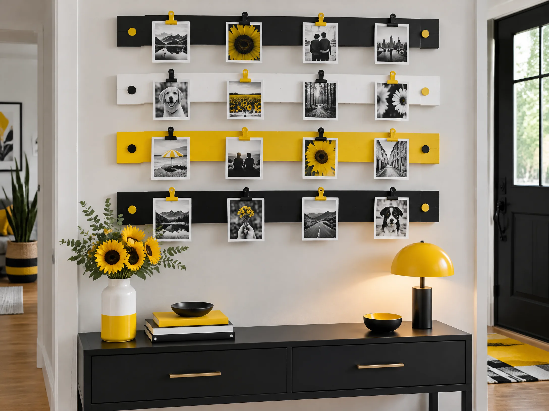 Magnetic photo display in black, white, and sunflower yellow