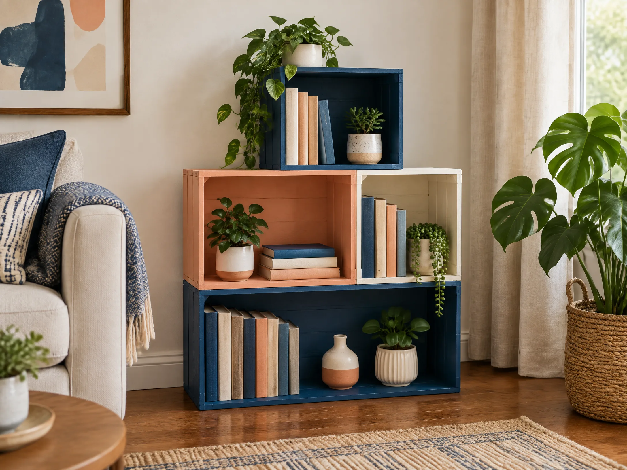 Upcycled wooden box shelf in navy blue, peach, and cream