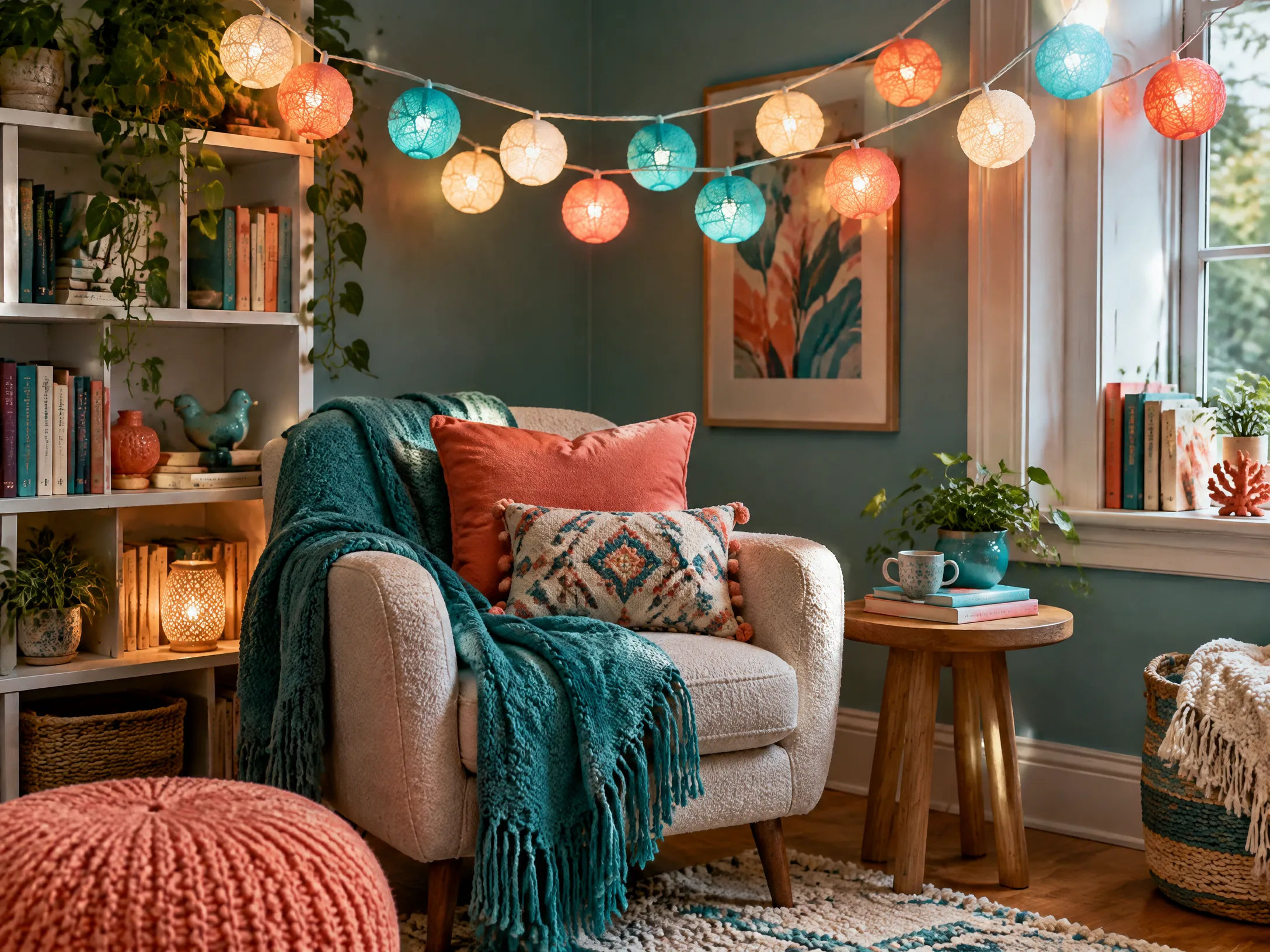 Yarn ball string lights in turquoise, coral, and warm white