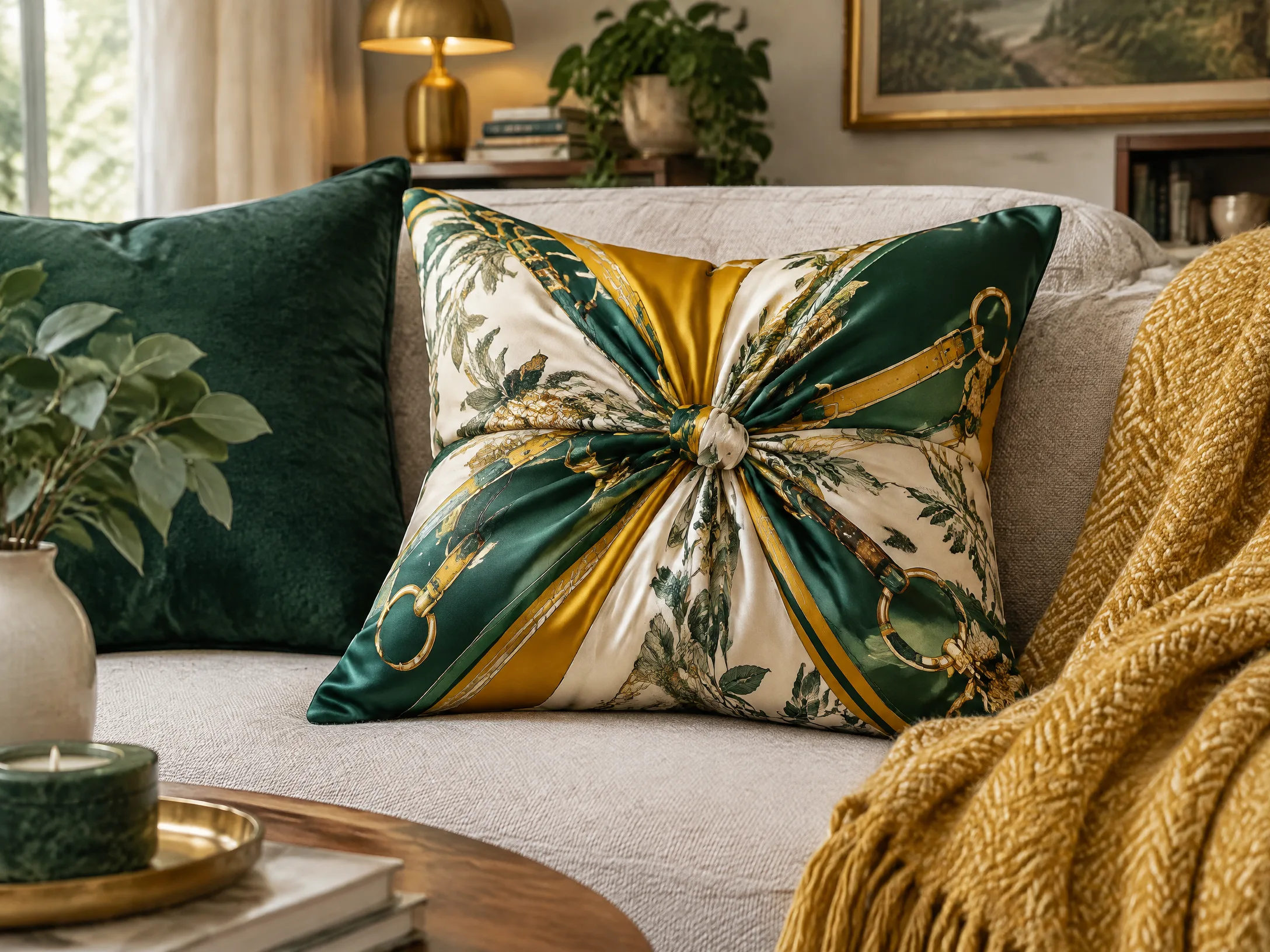 No-sew scarf pillow in emerald green, mustard, and ivory