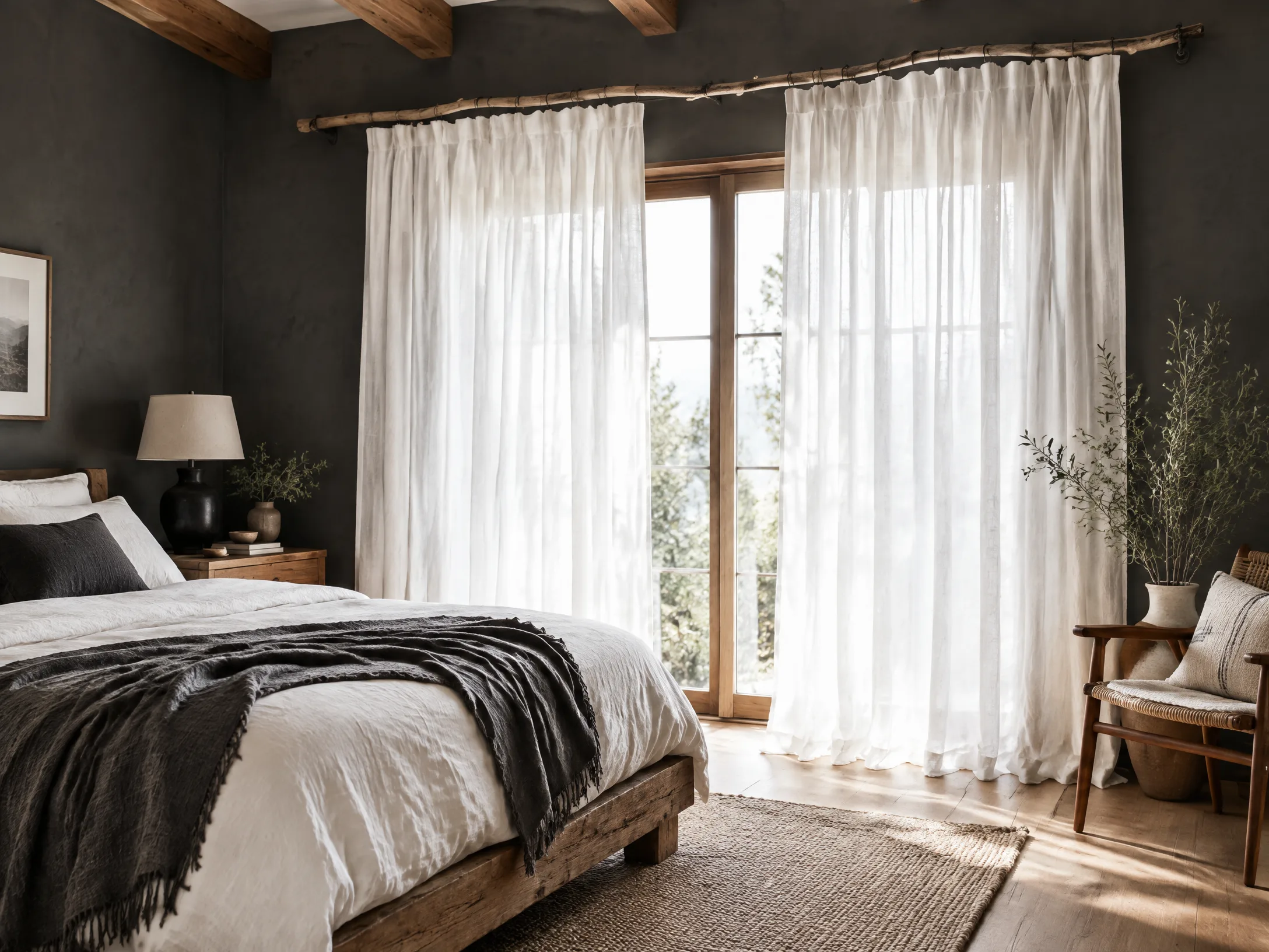 Branch curtain rod with white sheers in charcoal and warm wood