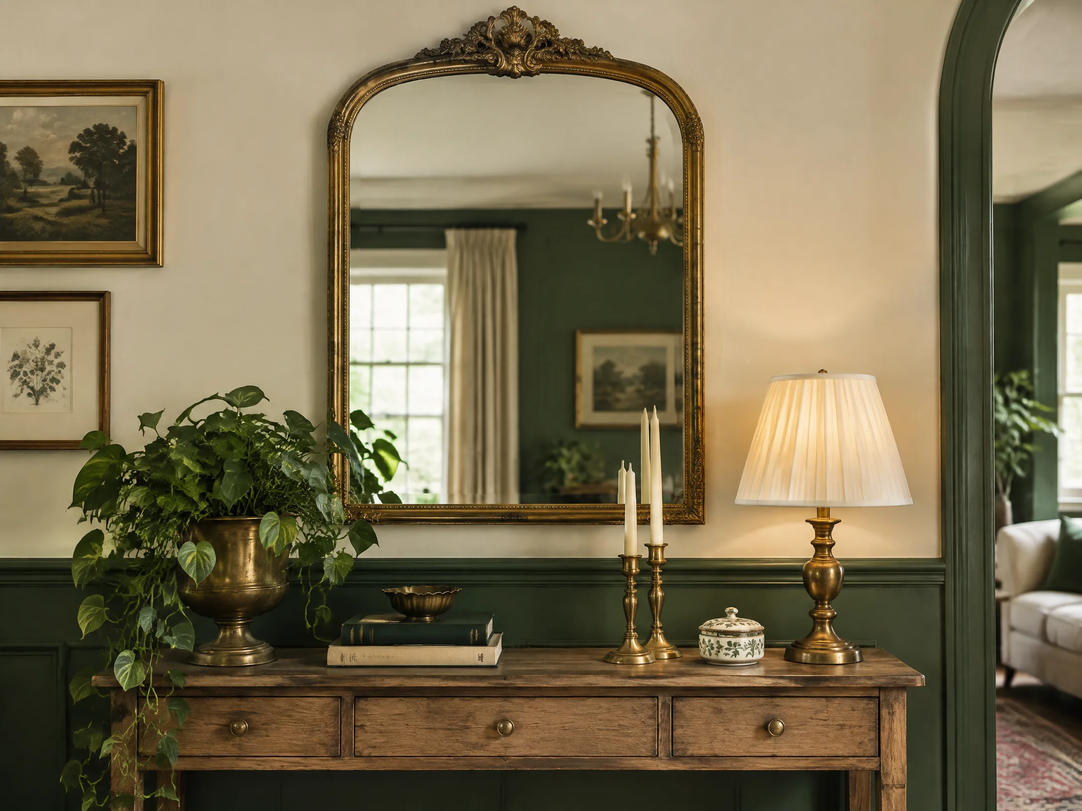 Vintage frame mirror in antique gold, deep green, and cream