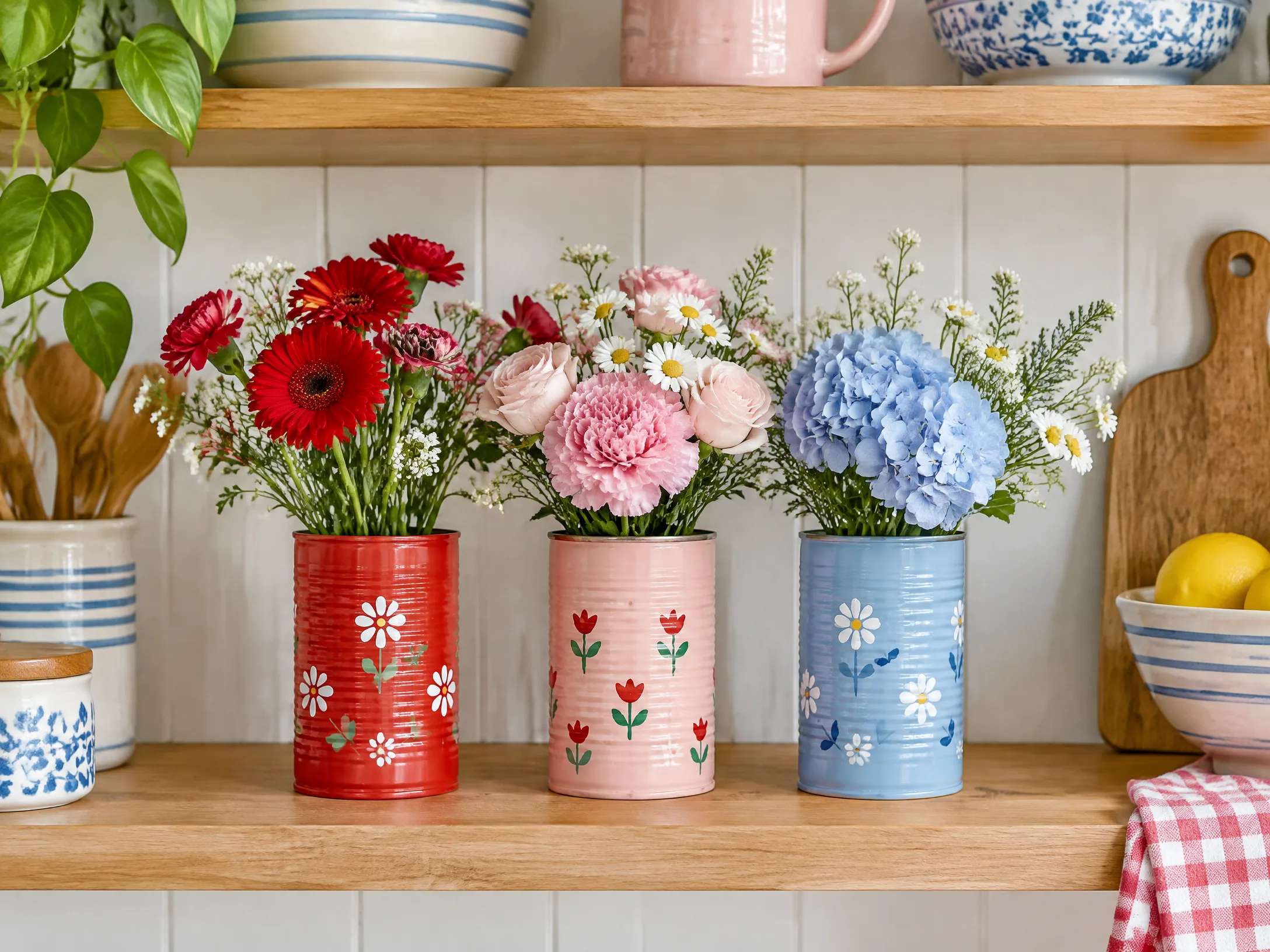 Upcycled tin can flower vases in red, blush pink, and soft blue