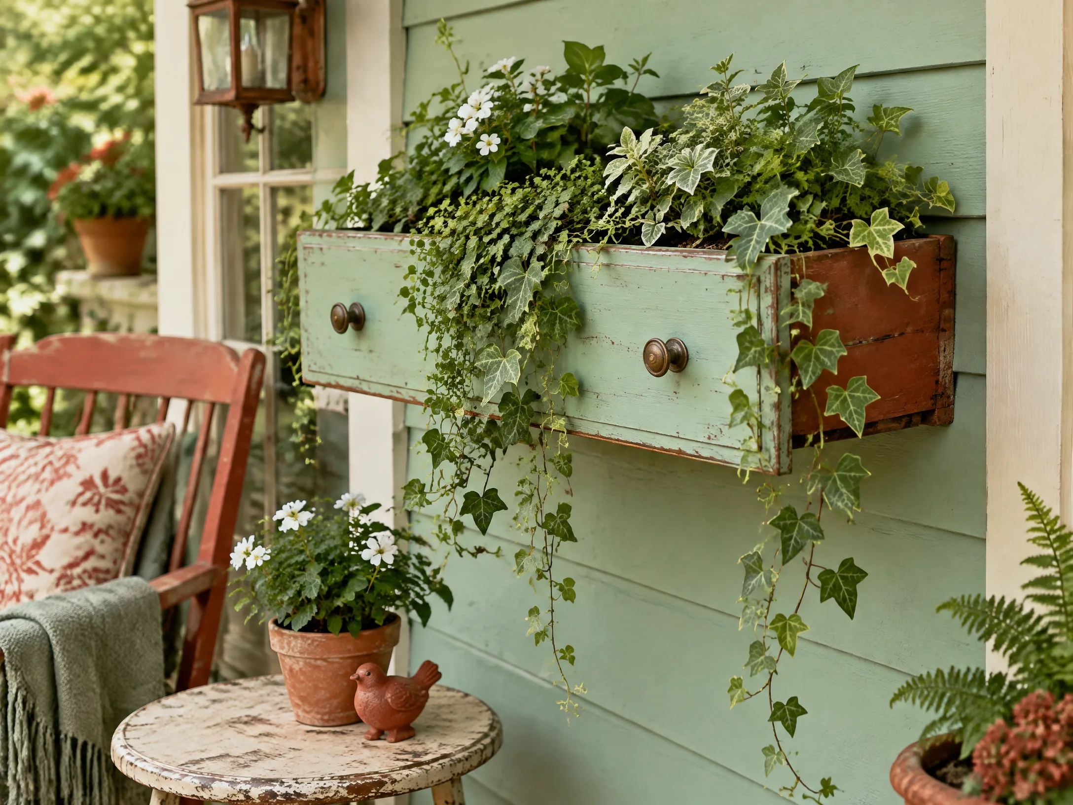 Repurposed drawer planter in mint green, clay red, and cream