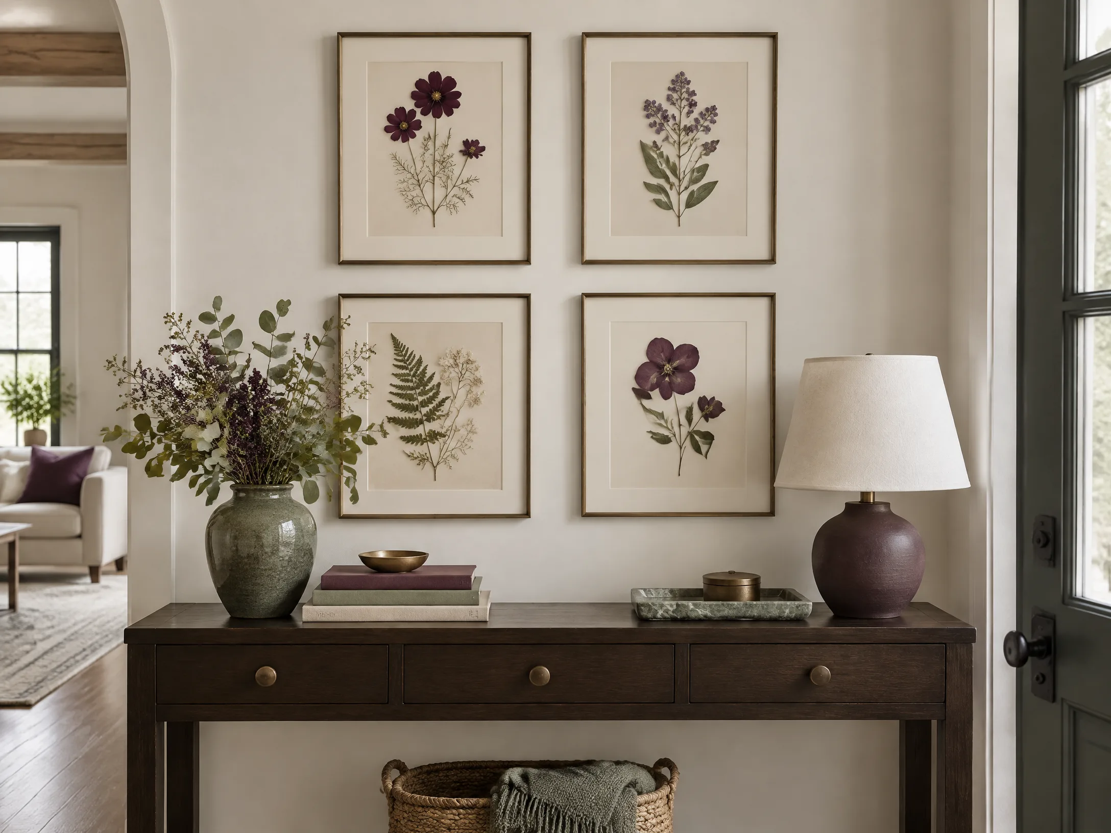 Pressed flower frames in plum, sage, and ivory