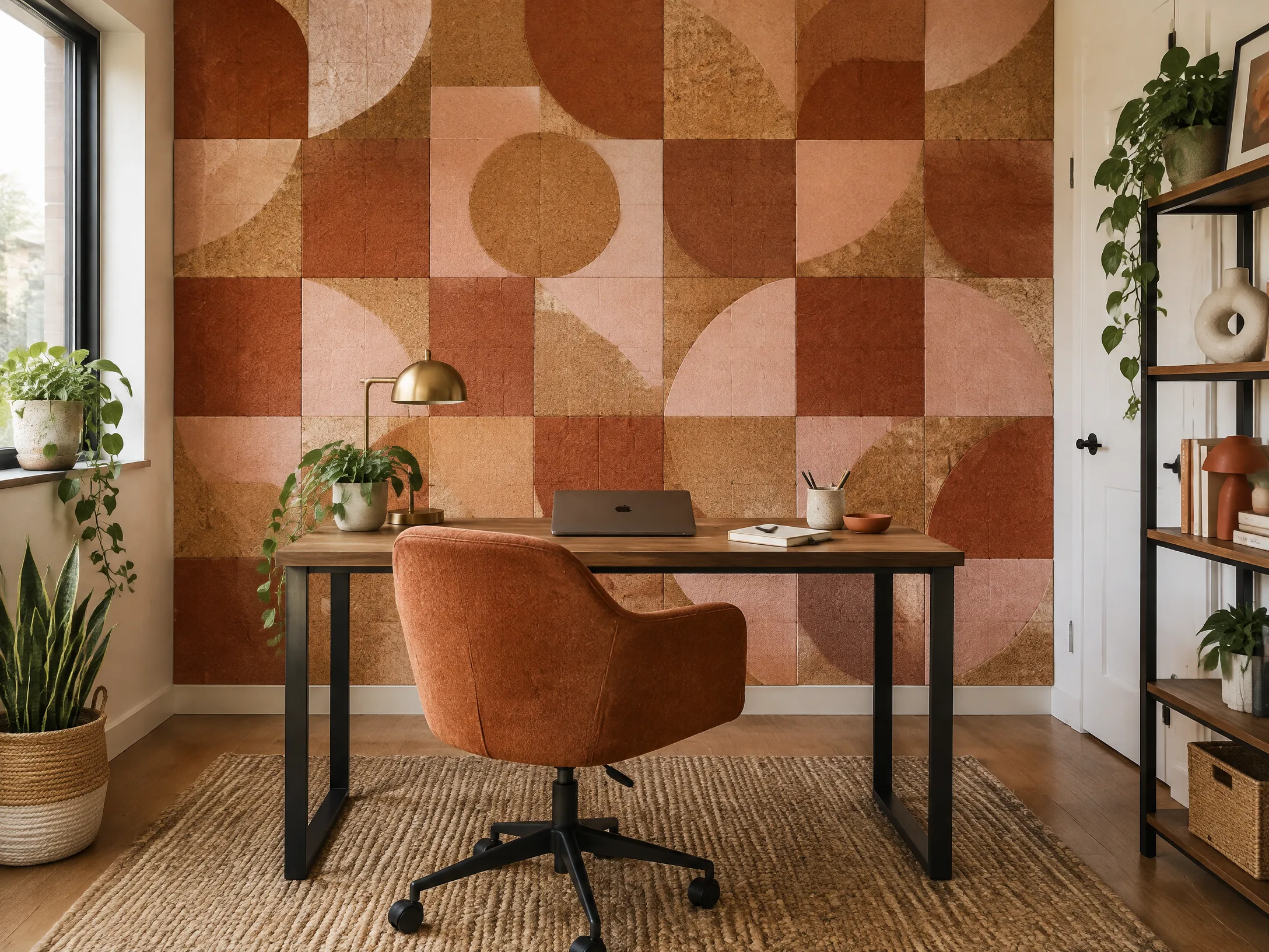 Geometric cork tile wall in rust, blush, and natural cork