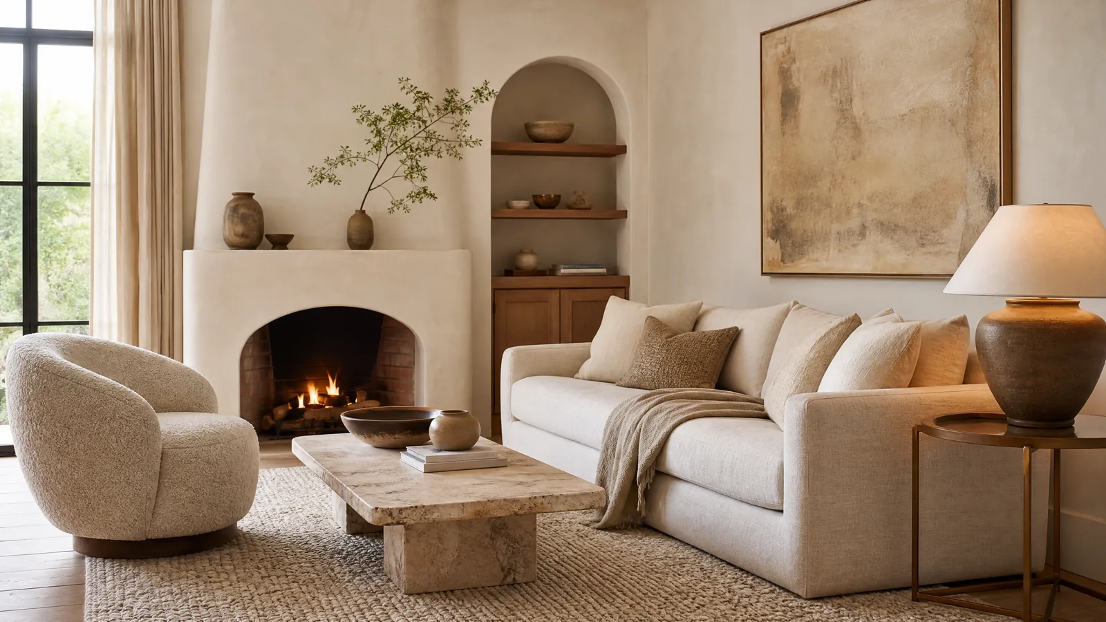 Warm white living room with textural layers