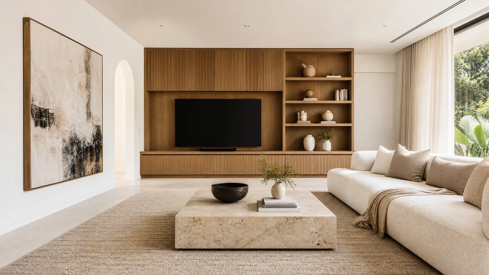 White luxury living room with natural wood