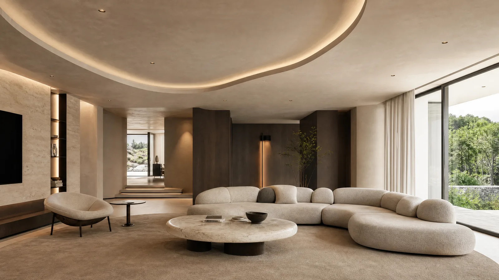 Very modern living room with sculptural ceiling