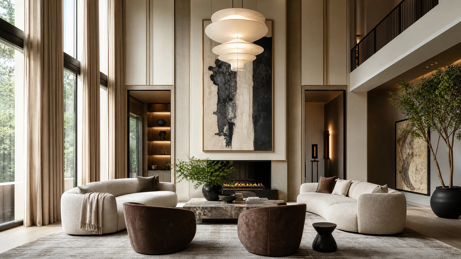 Luxury living room with tall ceilings