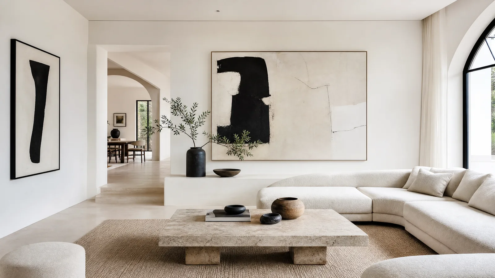 White luxury living room with curated art