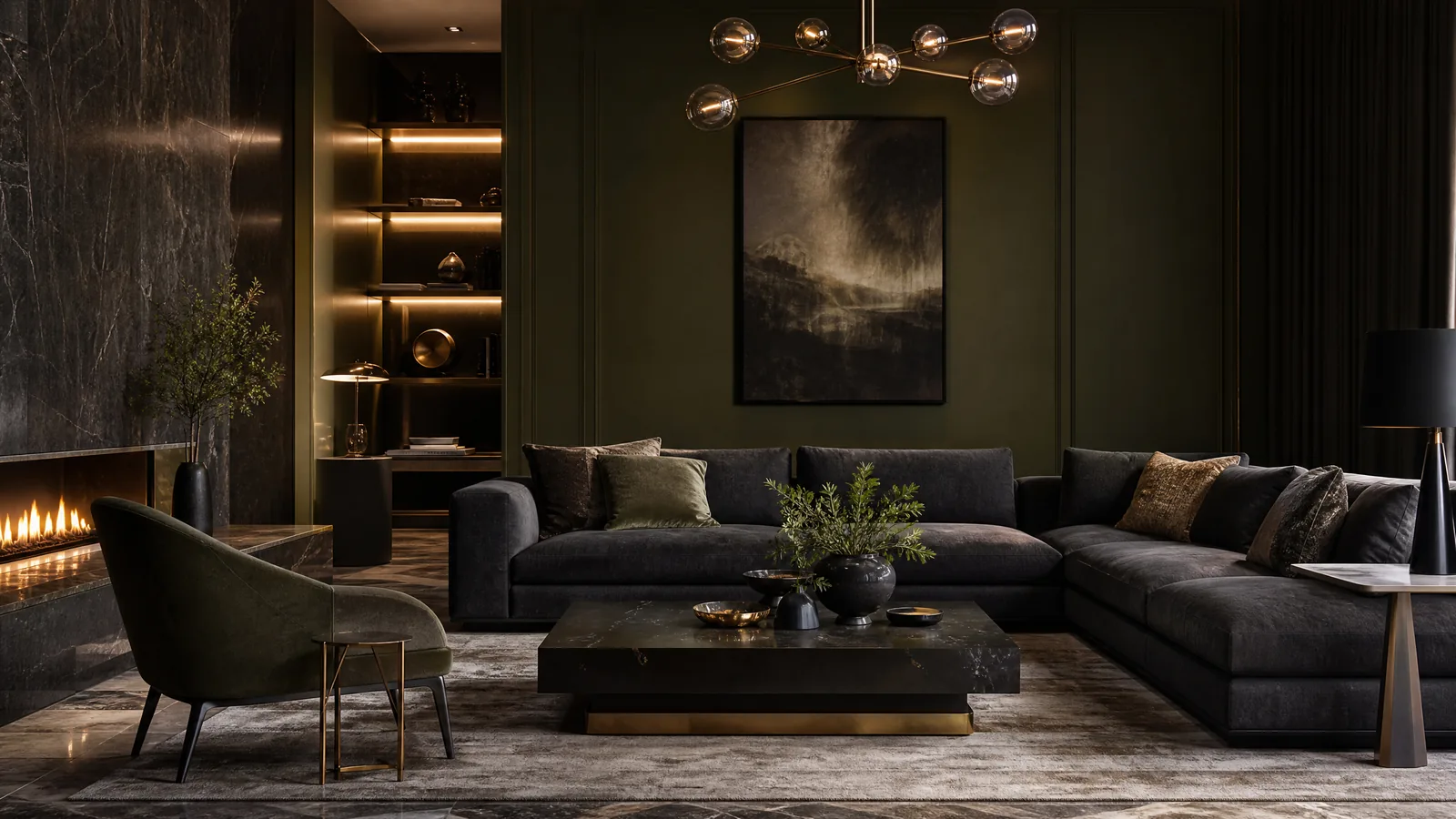 Modern luxury living room in dark tones