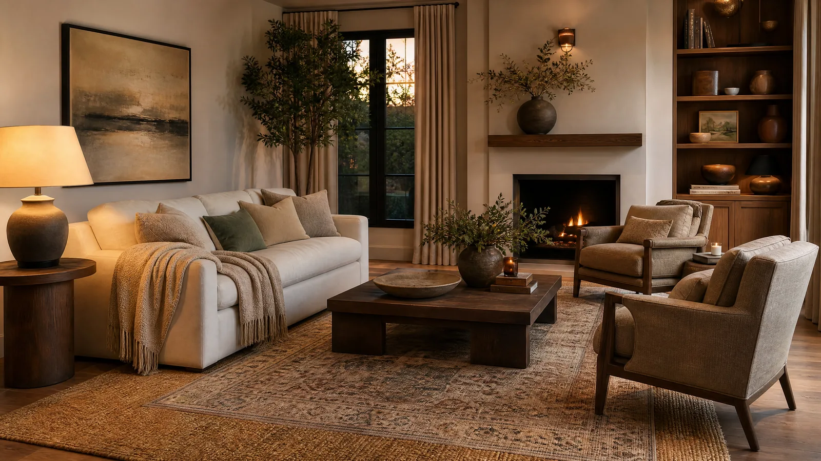 Cozy luxury living room with layered rug