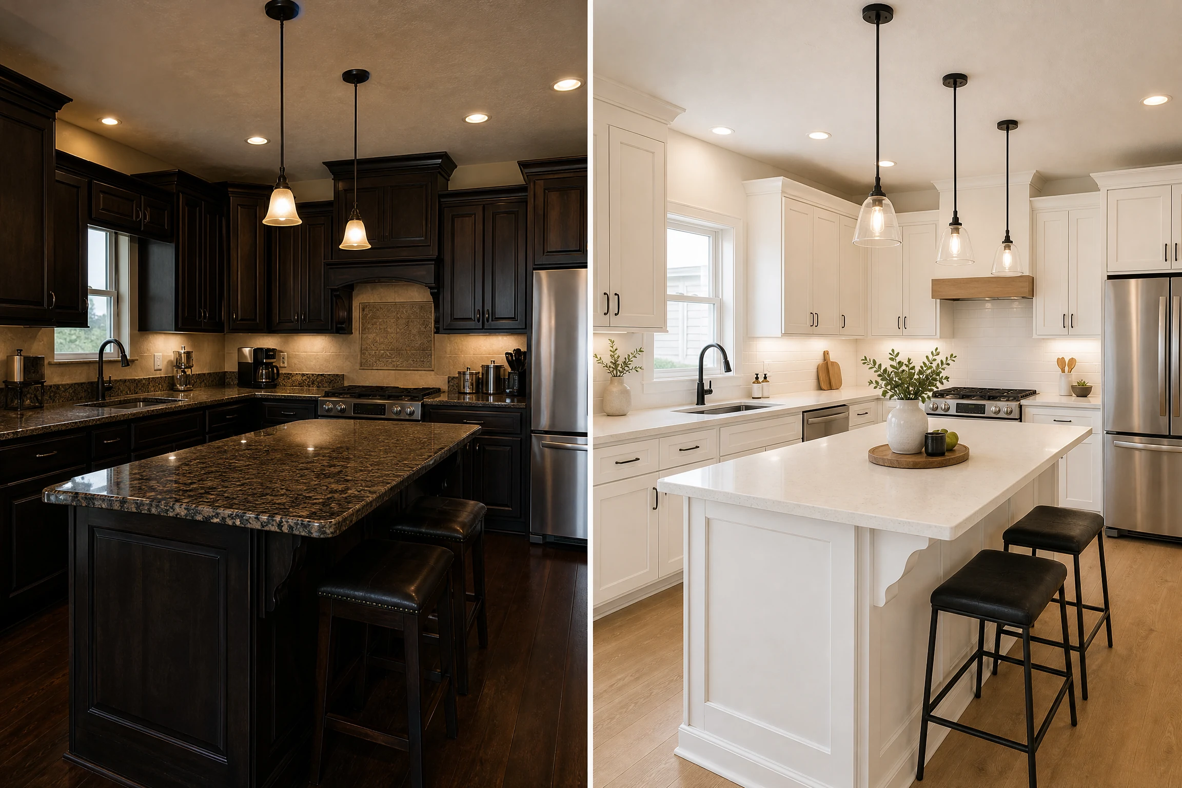 Dark to white kitchen cabinets before and after with a bright island