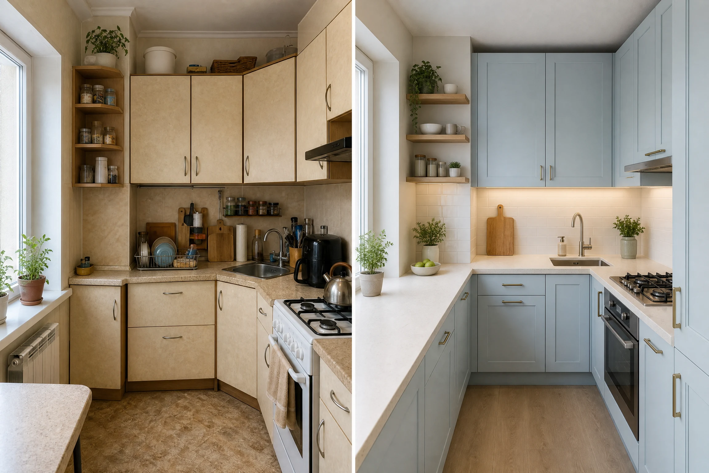 Small kitchen makeover before and after layout with pale blue cabinets