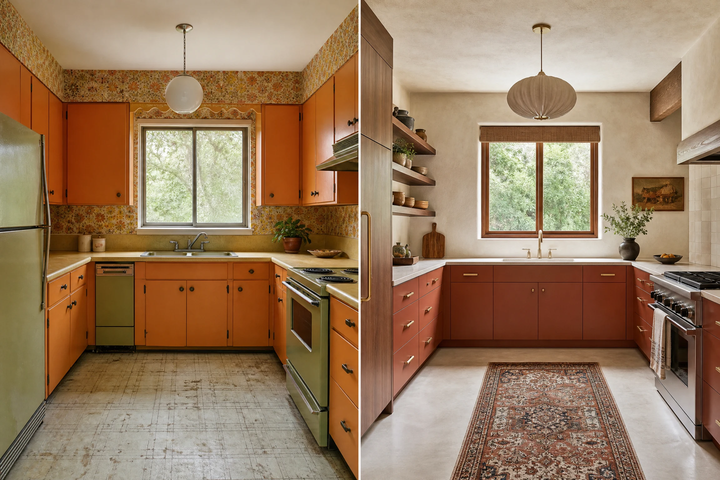 70s kitchen makeover before and after with terracotta and walnut