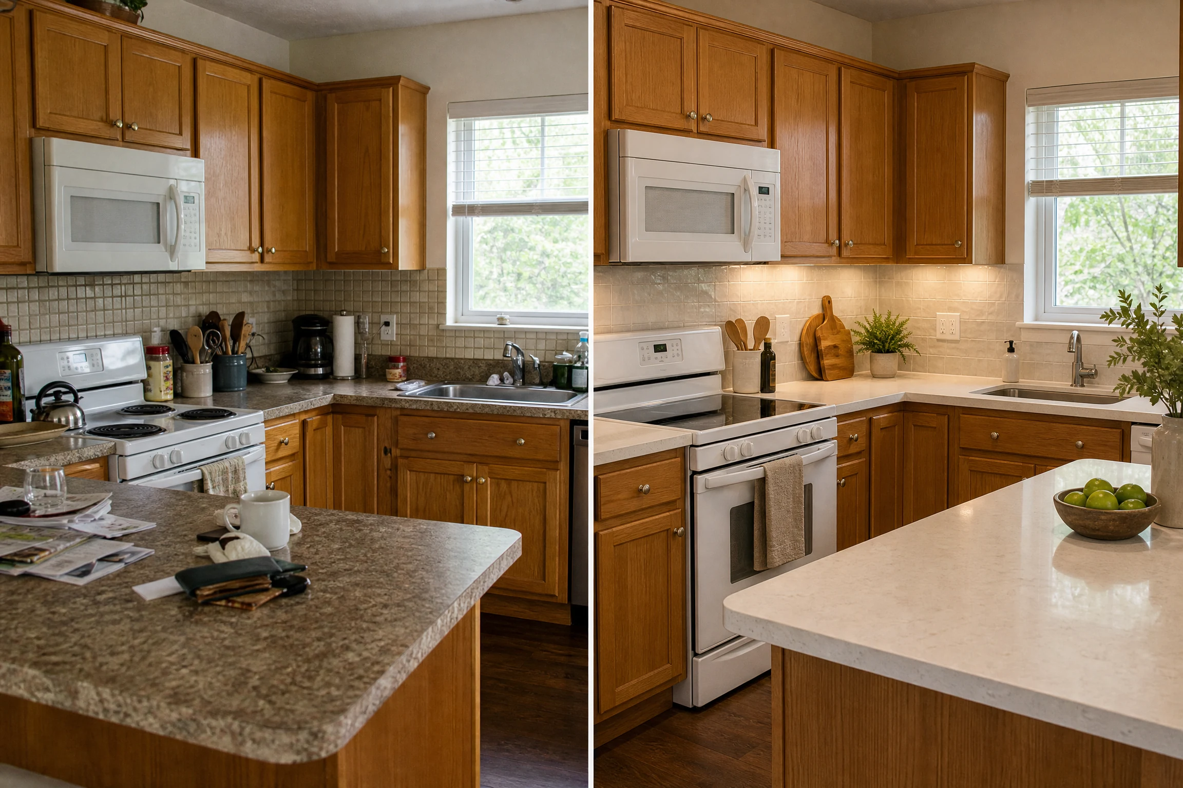 Before and after kitchen countertops and backsplash in a refreshed kitchen